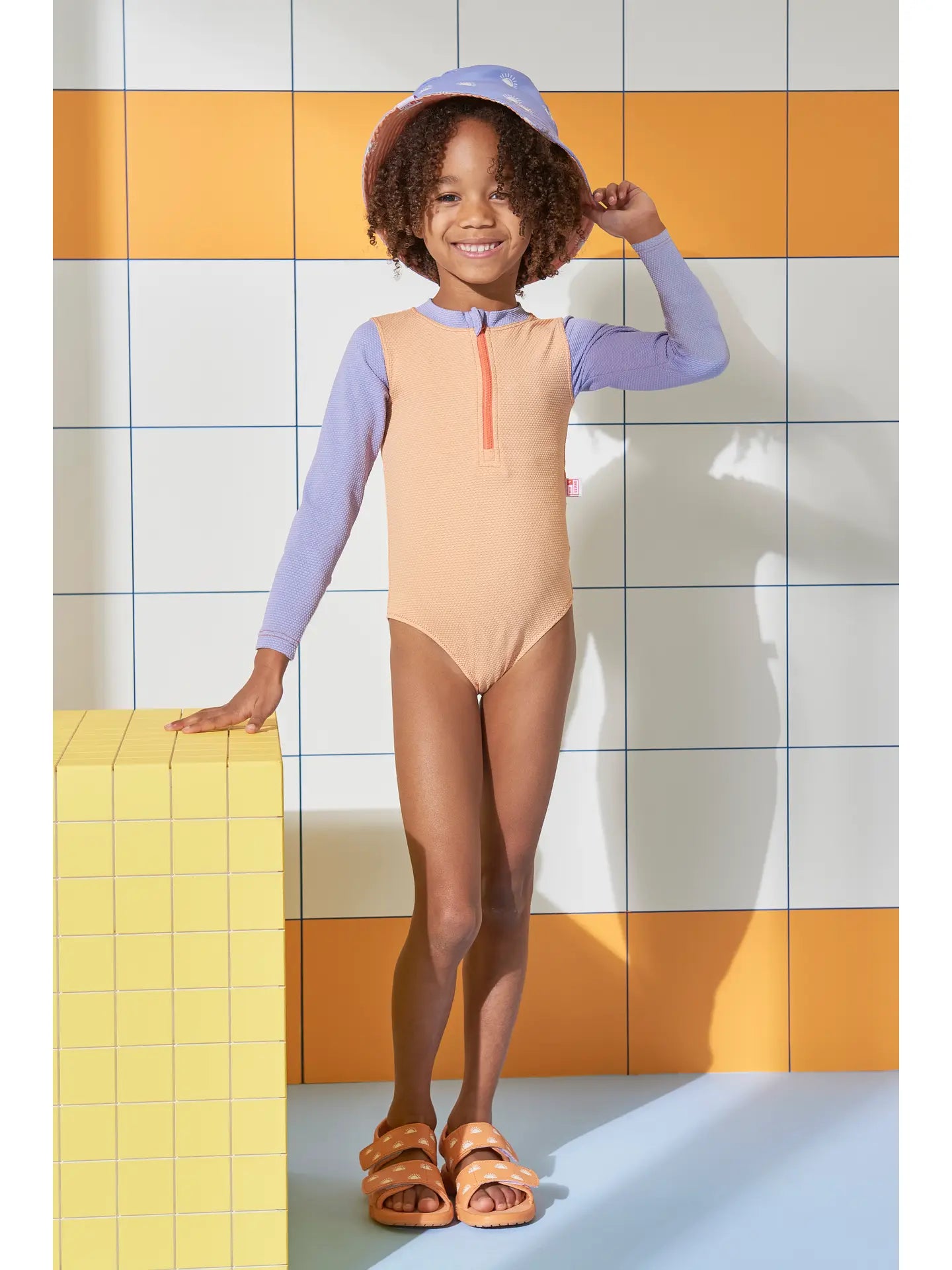 Peach Ribbed Long UV Sleeve Swimsuit