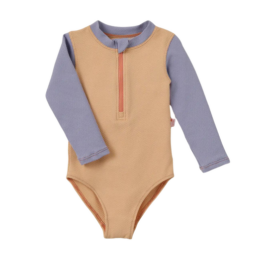 Peach Ribbed Long UV Sleeve Swimsuit